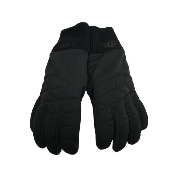 UGG Leather with Fabric Quilted Knit Gloves Size Small Medium in Black NEW - Picture 2 of 8